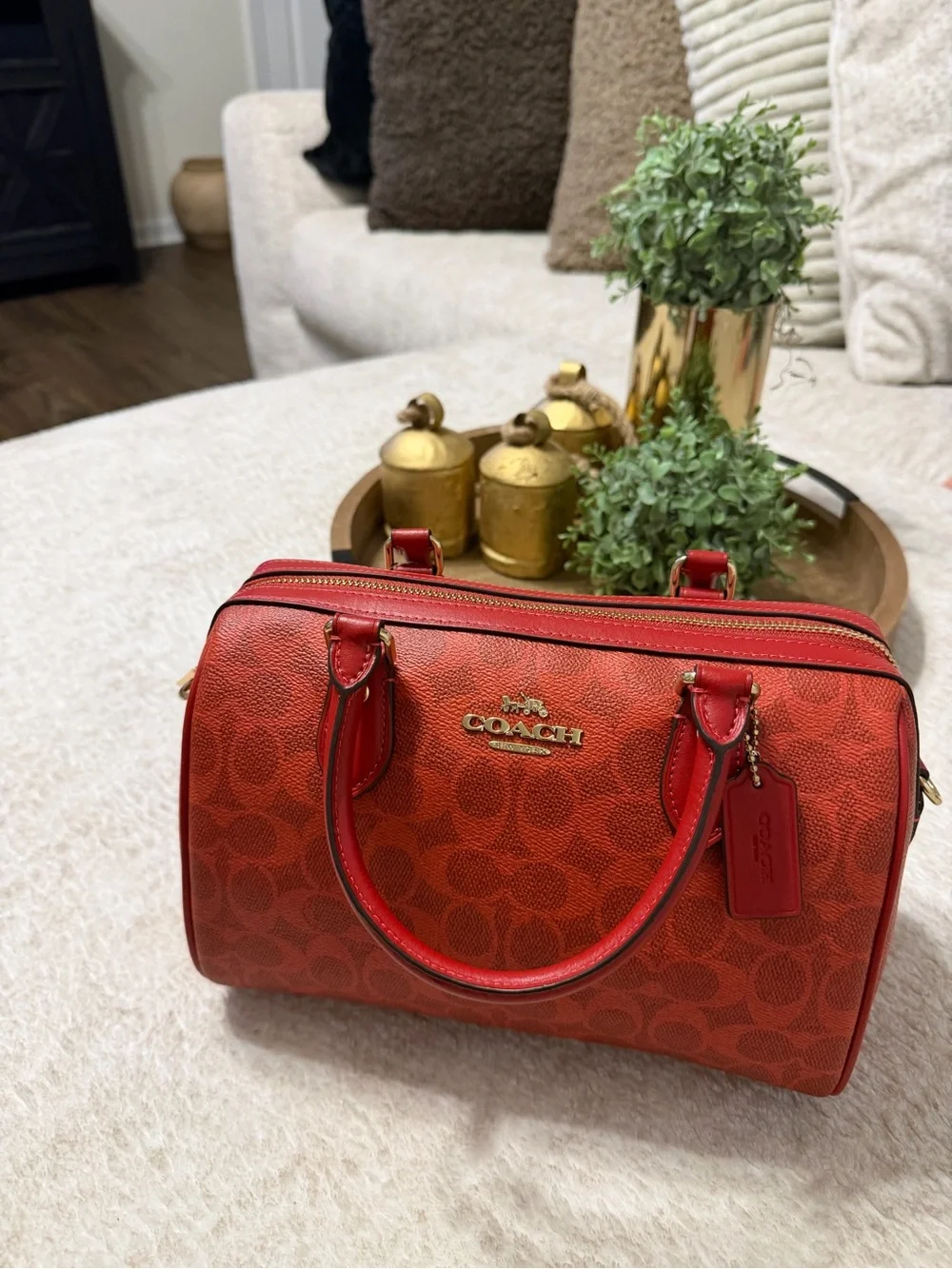 COACH MEDIUM ROWAN SATCHEL – SIGNATURE CANVAS – CRIMSON/GOLD – NWT